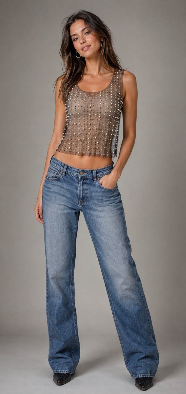 Love J Black Sheer Mesh Pearl Rhinestone Crop Tank Top Y2K Party Size L
